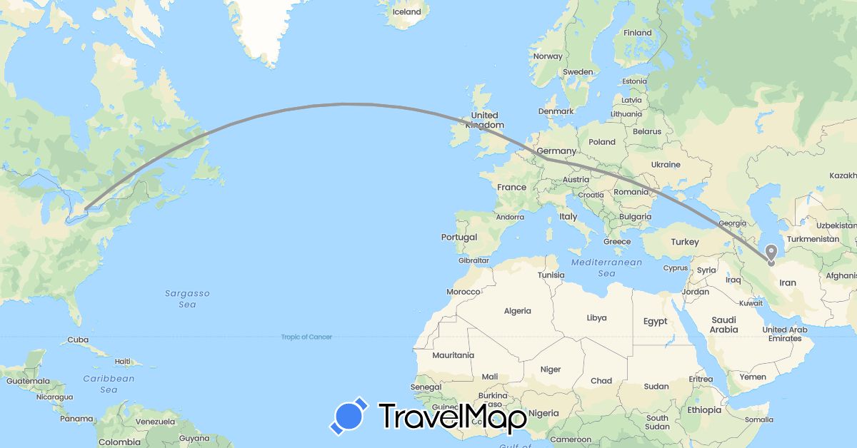 TravelMap itinerary: driving, plane in Canada, Germany, Iran (Asia, Europe, North America)